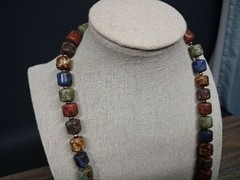 Vintage Picasso Jasper Bead Stone Necklace Colorful Barrel Style Artist Flair