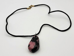 Vintage Rhodonite Stone Pendant Leather Cord Necklace 18 Inch Spring Ring Clasp