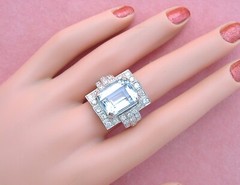 ESTATE ART DECO 10ct AQUAMARINE 1.35ctw DIAMOND PLATINUM STATEMENT COCKTAIL RING