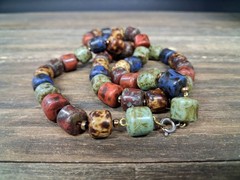 Vintage Picasso Jasper Bead Stone Necklace Colorful Barrel Style Artist Flair