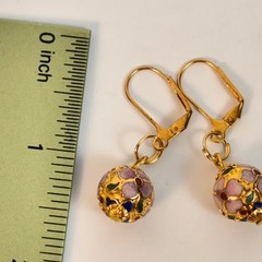 Vintage Cloisonne Dangle Earrings Gold Floral Enamel Glass Bead Boho Chic