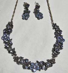 Vtg Antique Silver-Color Light Blue Rhinestone – Untested – Necklace & Earrings