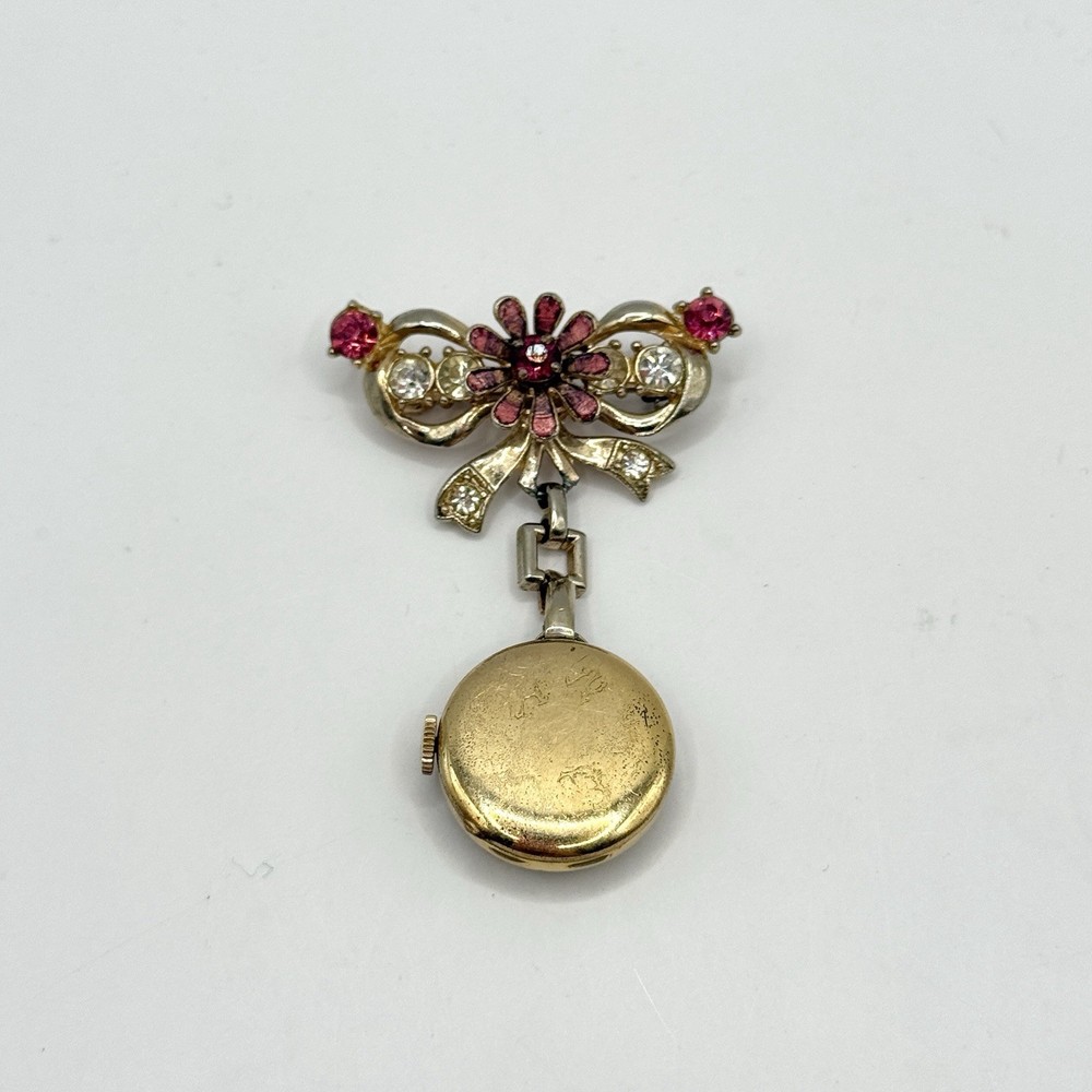 Vintage Benrus Rhinestone Flower Crystal Bow Brooch Pin Watch Pink Gold Tone