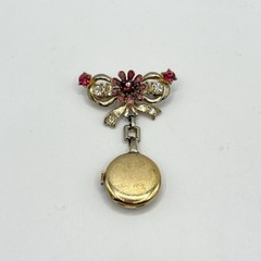 Vintage Benrus Rhinestone Flower Crystal Bow Brooch Pin Watch Pink Gold Tone