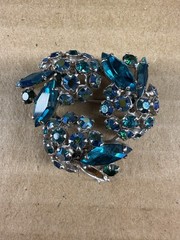 Vintage Sherman Blue Green Rhinestone Brooch Missing One Stone