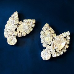 Weiss Earrings Rhinestone Clip On Clear Navette Signed Vintage Mid Century