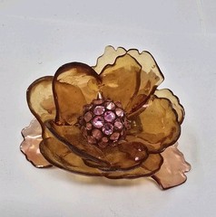 Golden Cellulose Acetate Flower Brooch Pin With Earrings Vintage