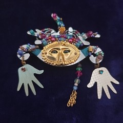 LIZTECH Mardi Gras Mask Pin Articulated Mirror Wired Beaded Art Signed 98 VTG