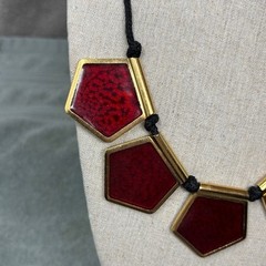 Vintage Yves Saint Laurent YSL Red Gold Pentagonal Statement Cord Necklace