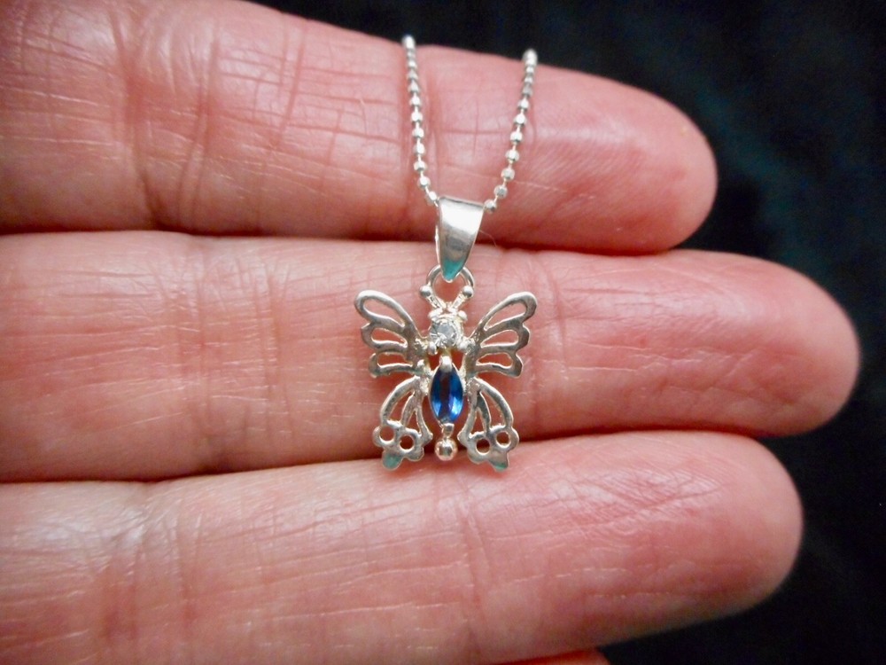 Vintage-Sterling Silver Butterfly Open Work w/Stones Slide & Sterling Chain