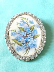 Decoupage Cottagecore Blue Flower Clear Rhinestone Brooch Pin Garden Spring