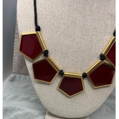 Vintage Yves Saint Laurent YSL Red Gold Pentagonal Statement Cord Necklace