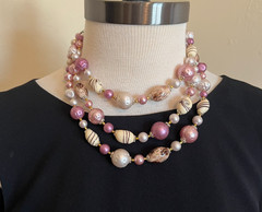 Vintage 1950s Pink Cream Swirl Beaded Triple Strand Necklace Signed Japan Retro