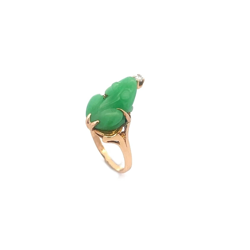 Diamond Gold Frog Ring Carved Jade 18k Yellow Vintage