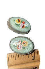 Vintage Pink Green Yellow Micro Mosaic ALP Clip Earrings Flower Shabby Chic