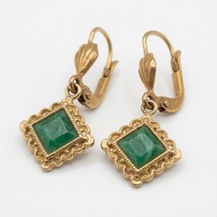 Vintage Goldtone Square Green Jade Dangle Earrings Ornate Beaded Frame Leverback