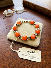 Coro Signed Orange Coral Cabochon Rhinestone Link Bracelet Vintage 1950s