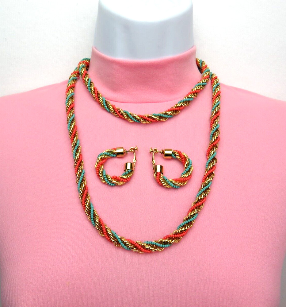 VTG 1950s 60s DOUBLE STRAND EGYPTIAN REVIVAL RUNWAY NECKLACE & EARRINGS GOLDEN