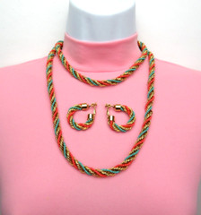 VTG 1950s 60s DOUBLE STRAND EGYPTIAN REVIVAL RUNWAY NECKLACE & EARRINGS GOLDEN