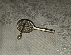 Vintage Avon Tennis Racket Brooch Pin Gold Tone Faux Pearl Tennis Ball 1 3/4″