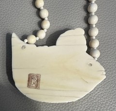 Vintage Hand Carved Natural Bone Beaded Fish Pendant Statement Necklace Signed