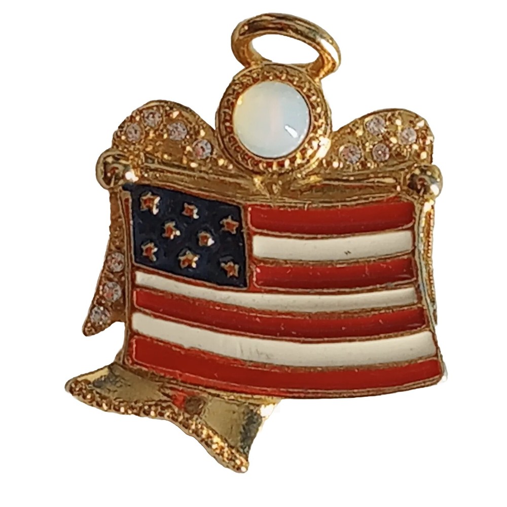 Vintage KC signed Angel USA Flag Brooch Moonstone Gold Tone Enamel Rhinestone