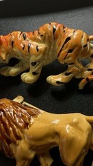 Lind Gal Lion & Tiger Brooches Lot Of 2 Orange Stripes Enamel Figural Pins Vtg