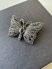 VTG Marcasite Garnet Butterfly Pin Brooch, Vintage, Signed 925, 9.6 Grams