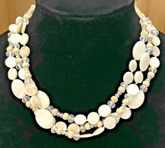 Vintage Triple Strand Shell MOP Crystal Wood Bead Necklace 17” Layered Boho Chic