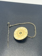 Victorian antique gold tone round brooch pin chain etched enamel flower design