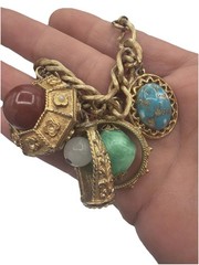 Vintage Etruscan Revival Charm Bracelet Gold Tone Curb Chain Fob Lantern 50s 60s