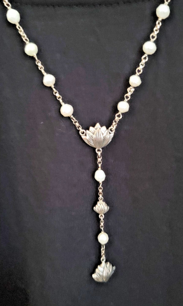 VTG JANICE GIRARDI JGD-LOTUS PEARL Y-Necklace/Rosary Style/Mala .925 Sterling