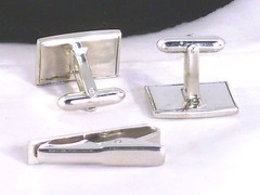 Vtg Mens Jewelry Cufflinks Tie Clasp Clip Bar Silvertone Set High Shine Finish