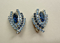 Vintage Sky Blue Cobalt Navette Rhinestone Cluster Large Brooch Earring Set