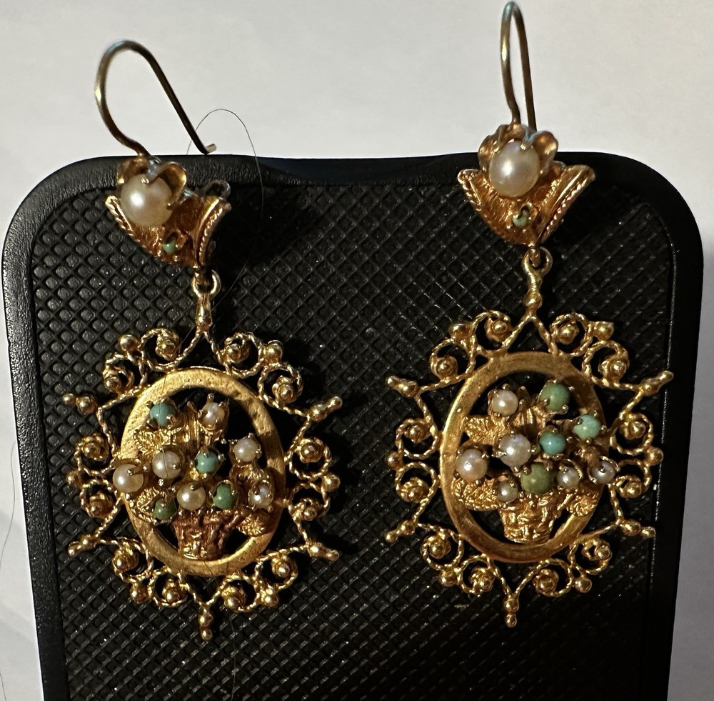 Rare Antique Victorian 14K Gold Earrings Basket Design With Pearl & Turquoise