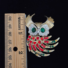 Great Horned Owl Brooch Costume Pin Red Green Rhinestones Tail Moves Vintage