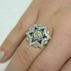 14K White Gold Finish Ring Art Deco Round Lab Created Diamond & Sapphire Wedding