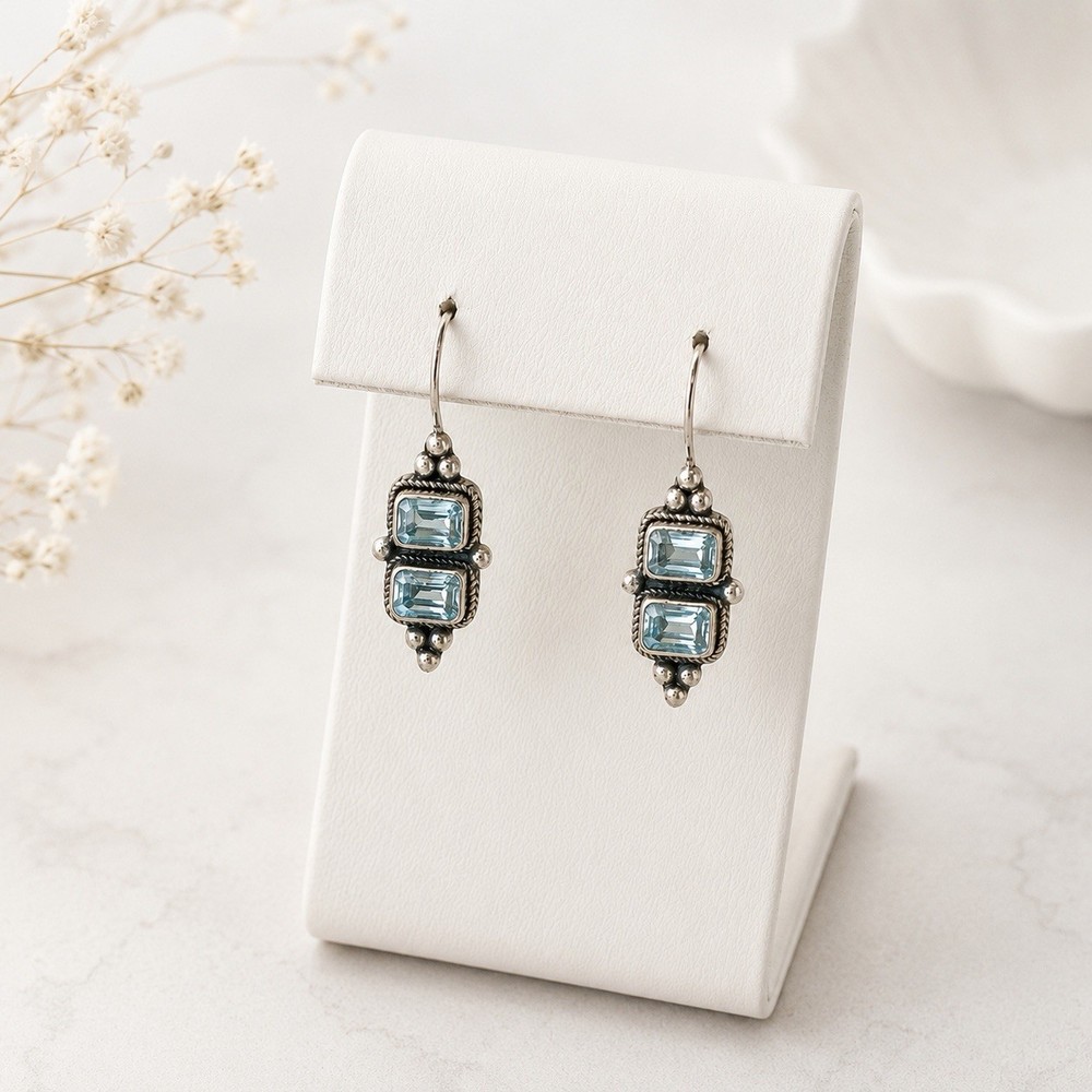 Vintage 925 Sterling Silver Blue Topaz Dangle Earrings French Wire