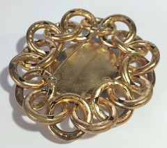Large Vintage Brooch: Mottled Red-Purple Glass Stone in Interlocked Brass Rings