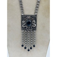 Signed EDLEE Vintage Necklace Silver Tone Dragons Ornate Bookchain Beads Dangles