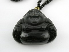Black Onyx Carved Buddha Pendant Necklace Black Beaded Strand No Clasp 68.5g