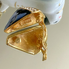 Vintage Ciner Asymmetrical Gold Plated Black Enamel Crystal Clip-On Earrings