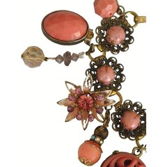 VTG Assemblage Charm Bracelet Pink Floral OOAK Upcycled Statement Jewelry 7.5″