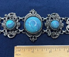 Vintage Silver Tone Filigree and Faux Turquoise Bracelet Lucite, 1950-1970’s.