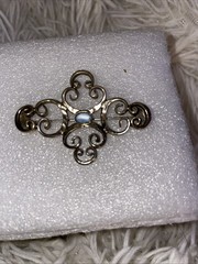 Opalescent Gemstone Gold and White Brooch with Filigree Design
