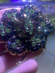 Weiss Green Rhinestone Flower Brooch Signed
