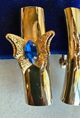 Vintage Atomic Butterfly Clip Earrings Gold Tone Blue Rhinestone Mod 60s 1 3/4″