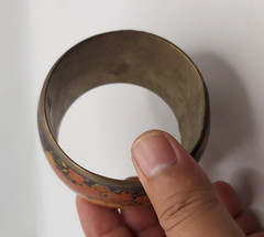 Vintage Wide Brass Floral Bangle Black Lacquer Enamel Statement Cuff Asian Style