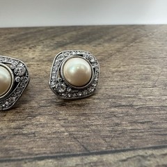 Vintage MONET Clip Earring Faux pearl PAVE crystal accent Silver tone .75 in