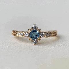 Art Deco London Blue Topaz Diamond 14k Yellow Birthday, Wedding, Engagement Ring